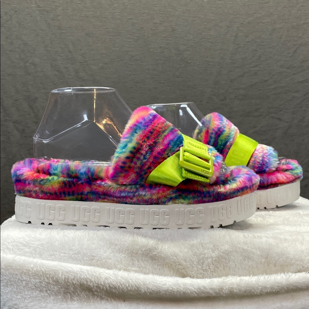UGG Pink and Green Fluffita in Pixelate Platform Sandals with Fuzzy Upper - Picture 4 of 11